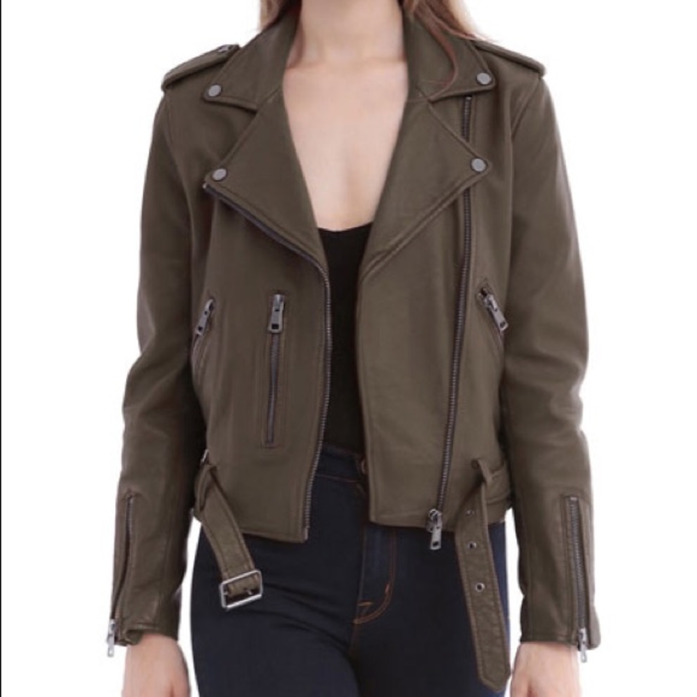 Bagatelle NYC Olive Washed Leather Biker Jacket